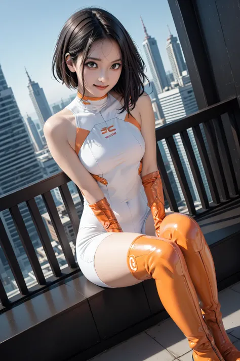   best image quality、 masterpiece、（Shooting Resolution  ：1.4）、    angle from directly above 、  face close-up、   cyberpunk night city  、   girl  、 black hair short wave hair、SILVER SHORTS  、whole body、smile、1 Character 、   BLACK EYES、   metallic orange leot...