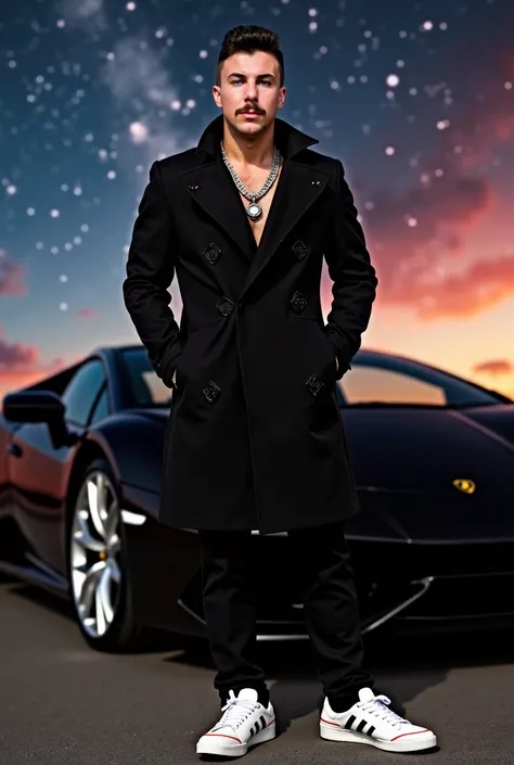 A man with a amazing aesthetic physique with black coat black pants white shoes with two red lines silver coloured watch silver chain on the neck and beared with a large moustache sharp eyes hair cut handsome. near  black lamborghini back ground night in f...