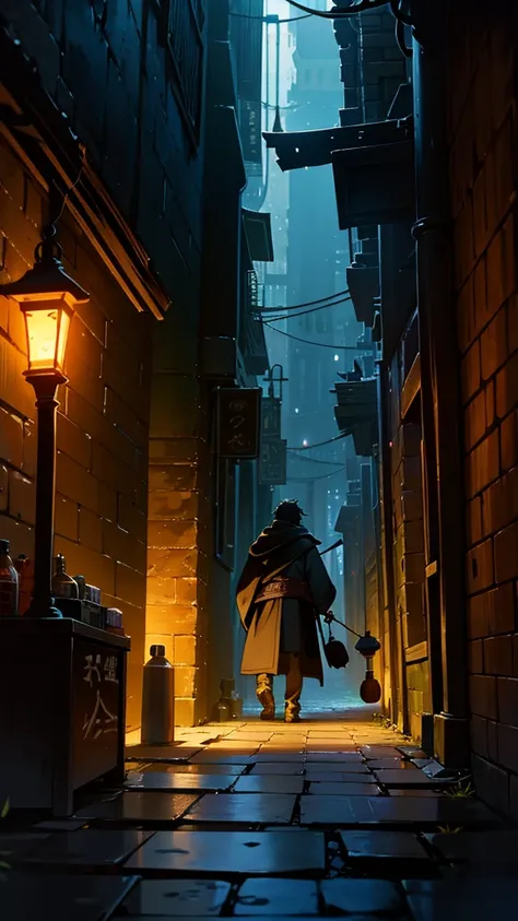 “In the shadowy underbelly of a labyrinthine city, a bustling black market thrives under dim, flickering lanterns. A cloaked figure leans over a merchant’s stall, examining a glowing crystal artifact while the merchant gestures animatedly. Around them, oth...