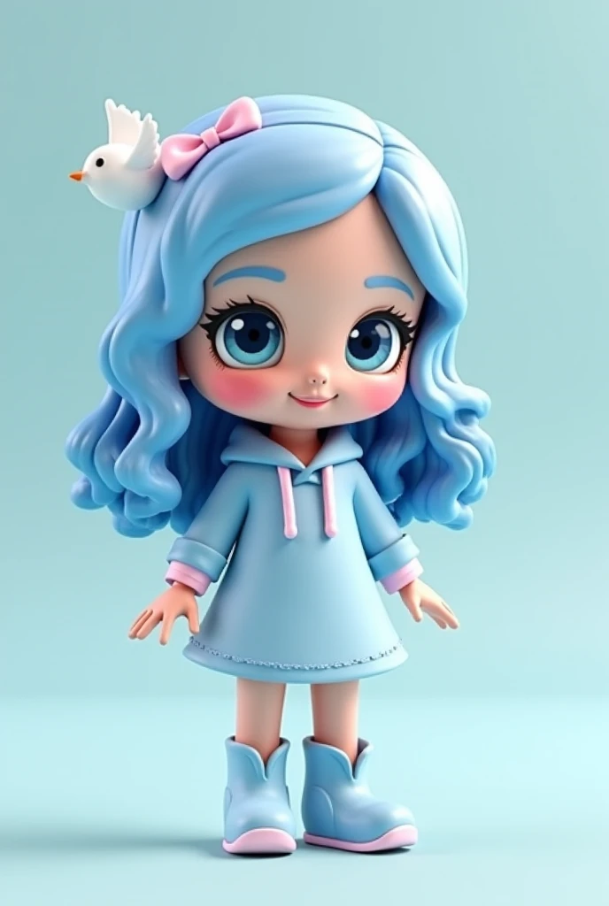 I want a cute doll in kawaii style,  she has to have pastel blue hair, half full and curly , cute blue eyes, white dove, A cute blue outfit, light blue , Wear cute boots, Wear a Little Riding Hood, It has to be in 3D