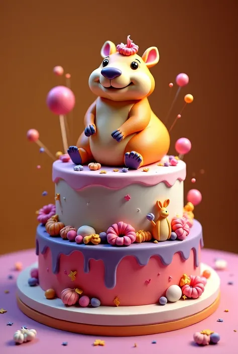 A brown ,  pink and purple cake with a capybara for a  girl