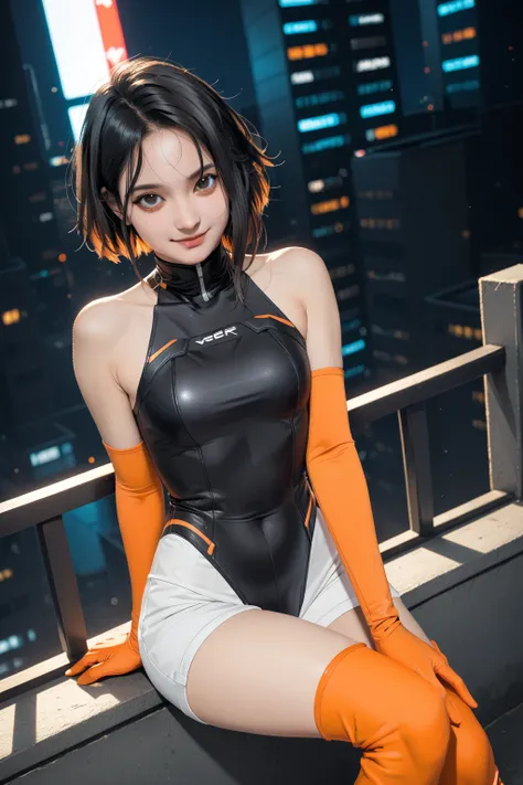   best image quality、 masterpiece、（Shooting Resolution  ：1.4）、    angle from directly above 、  face close-up、   cyberpunk night city  、   girl  、 black hair short wave hair、SILVER SHORTS  、whole body、smile、1 Character 、   BLACK EYES、   metallic orange leot...