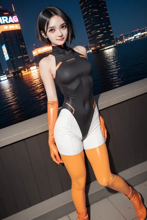   best image quality、 masterpiece、（Shooting Resolution  ：1.4）、    angle from directly above 、  face close-up、   cyberpunk night city  、   girl  、 black hair short wave hair、SILVER SHORTS  、whole body、smile、1 Character 、   BLACK EYES、   metallic orange leot...