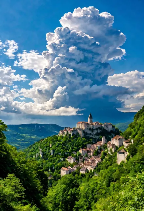   best image quality、Clear photo、8k、 Rocamadour、 blue sky、Cumulonimbus、 people