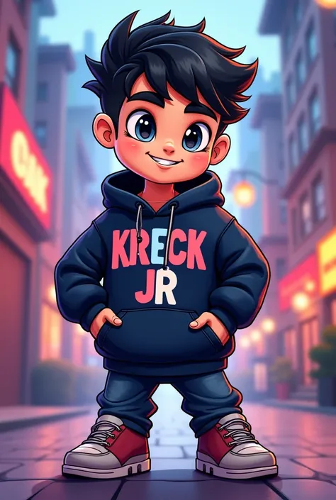 Create me a mascot logo where a boy is a black-haired tiktoker with a sweatshirt underneath that has the letters KRECK JR