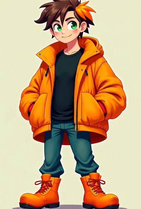 a man, with brown hair and orange locks,  green eyes, He has a black t-shirt and a big orange jacket, with jeans pants and orange chibi style boots