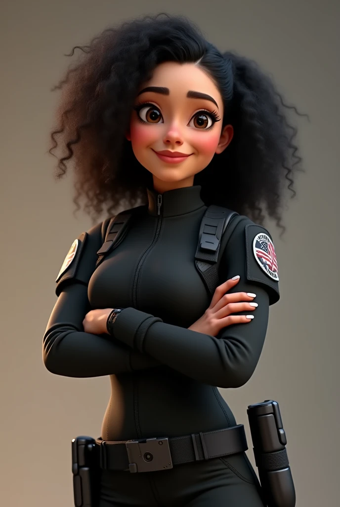 make a woman in black tactical clothing without symbols, with curly black hair, smiling with her arms crossed in the Pixar style