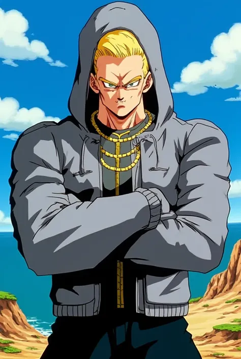 1 man,  Eminem in the style of Dragon Ball , wearing a gray hooded jacket , short blonde hair,  gold chain on the neck,  arms crossed,  angry face, designed in the Dragon Ball style
