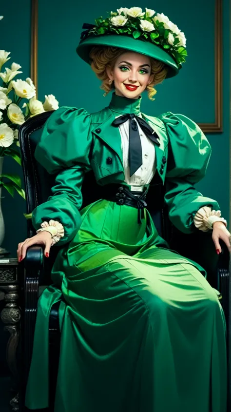 A coquettish 15yo blonde thot of the 1890s. Year 1897. ((Wearing high-collar white shirtwaist, black ribbon tie, open green jacket with puff sleeves, and wide-brimmed Gainsborough hat extravagantly topped with flowers, long green skirt)), petticoats, silk ...