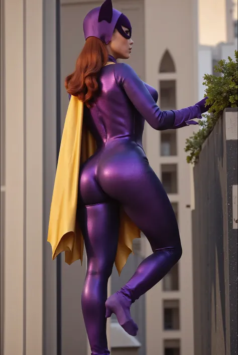 sexy Hungarian model, Masterpiece, Award Winning, High Quality, artgerm, solo, bubble butt, wearing retro Batgirl purple costume , , big breast, retro red hair, looking at viewer, makeup, no cape, b4tg1rl woman, posing sexy, back angle, showing her ass, fo...