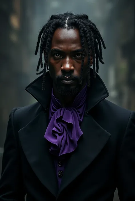 A gothic black man, , , with a dread hair, black clothes with purple detail, , , the clothes follow a Victorian style.