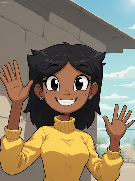 score_9, score_8_up, score_7_up,  score_6_up, BREAK, 0al3r1e, 1girl, solo, smile, black hair, black eyes, medium breasts, dark-skinned female, dark skin, earrings, mole under eye, yellow sweater, turtleneck, smile, upper body, raise left arm, day, outdoor,...