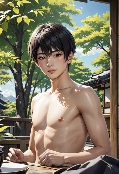  high quality,   detailed ,  realistic , ( put on a 22-year-old Japanese boy), (  detailed  black eyes), (Topless), ( shiny skin),   detailed  nipples,  black short hair, ( black tiny thong ), (Bust ), Summer noon, (smile:0.7)