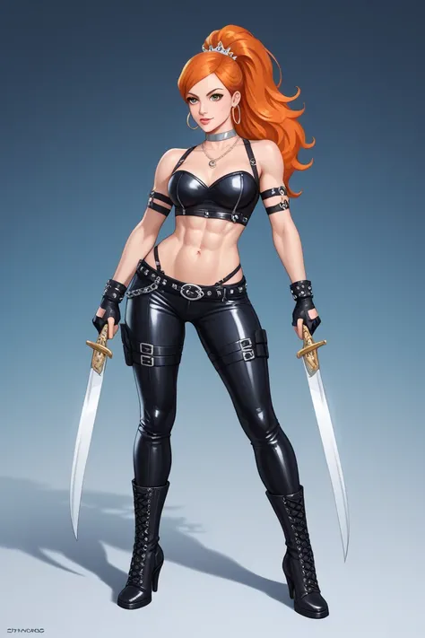 Here’s a description of a knife queen-inspired outfit for Orihime Inoue, showcasing her navel and toes:

Orihime channels a bold, commanding presence in this knife queen-inspired ensemble. She wears a sleek, form-fitting black leather crop top that has sha...