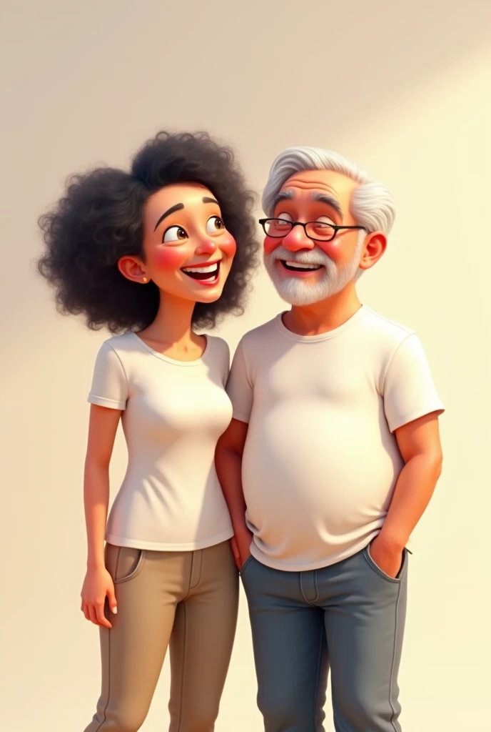 make a woman and an elderly man in white t-shirts and pants without symbols, next to each other without touching, with curly black hair, smiling in the Pixar style