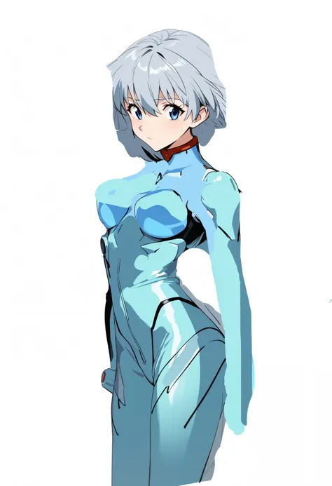  Silver Hair、 shortcut hair、Light blue plug suit、 pilot suit、 embarrassed expression 