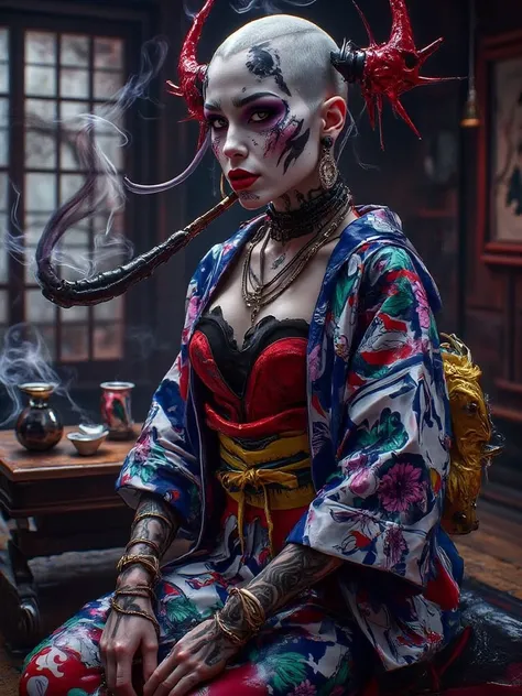 Beautiful punky geisha in traditional latex kimono, traditional tea ceremony, smoking long opium pipe 