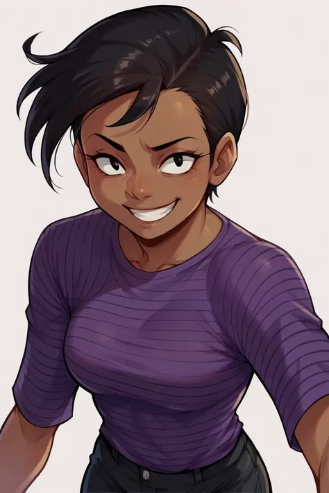 2D, score_9, score_8_up, score_7_up, BREAK, 1girl, solo, Felicia_(Erma), Dark Skin, Black Hair, Black Eyes, Purple Shirt, Striped Shirt, smile