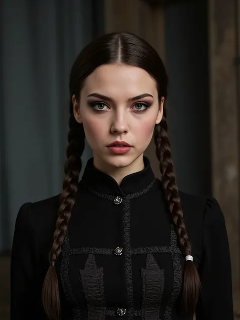 Photorealistic, wednesday addams fierce, bold, ernest, detailed, age 20, double braided, epic cleavage 8k, q2