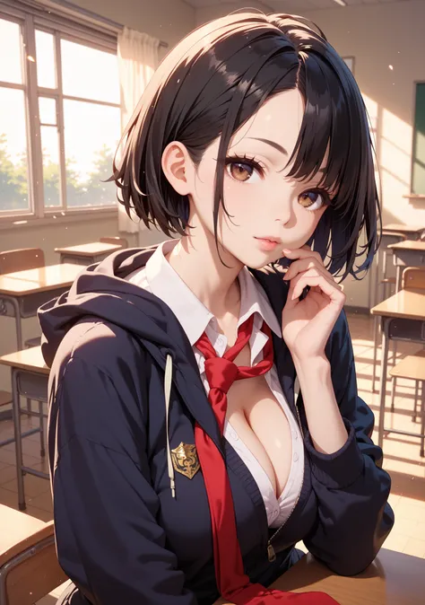  girl , Big Breasts,  Pale Skin,   black hair ,  short bob, straight hair  ,  brown eyes,  Slanted Eyes  ,  pink beige lips,   while tasting, classroom ,  hairstyle that shows off your forehead,Tie your bangs, dark eyes,stand up, hoodie