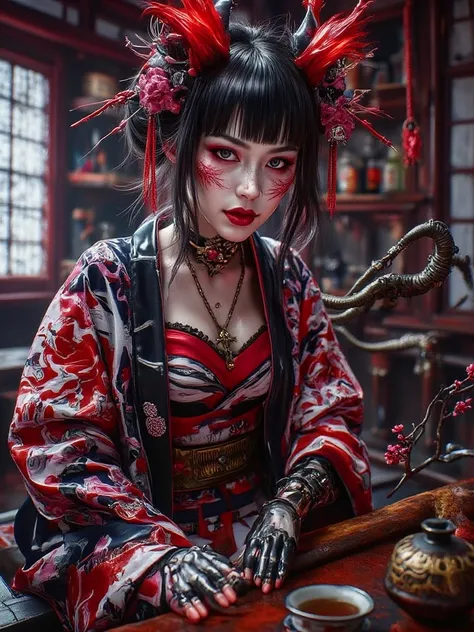 Beautiful punky geisha in traditional latex kimono, traditional tea ceremony, smoking old fashioned opium pipe 