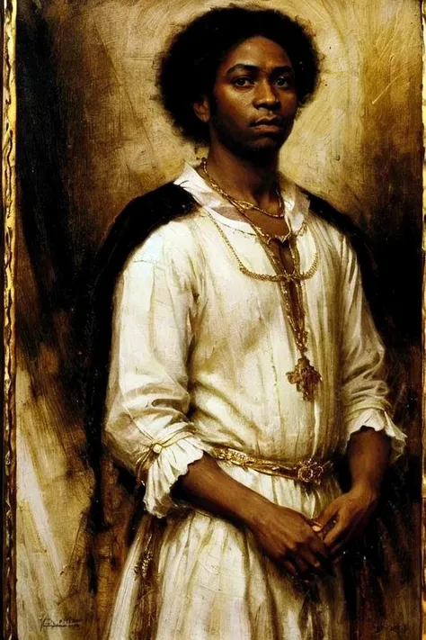 A gothic black man, with a tight short Afro hair, white clothes with gold detail, the clothes follow a medieval style.