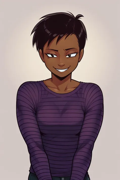 2D, score_9, score_8_up, score_7_up, BREAK, 1girl, solo, Felicia_(Erma), Dark Skin, Black Hair, Black Eyes, Purple Shirt, Striped Shirt, smile