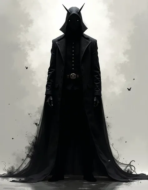 dark silhouette of a living shadow-man, fantastic illustration, 
but looks welcoming, aristocratic clothing,, monochromatic background,