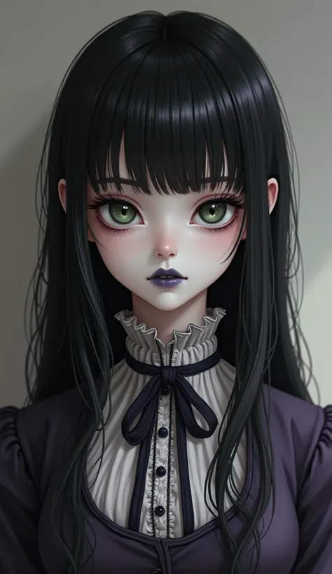 2.5d anime style, she's medium size, 5'10", and weighs 138 lbs, making her very slim. Modest Victorian clothing. She has white skin, but some features are extremely pale, especially her face, eyes, and cheeks, while her mouth has a bluish-purple hue. Her h...