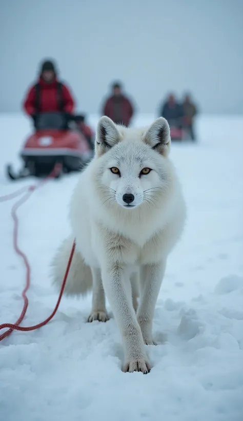 An Arctic fox leads the team across the icy landscape to safer ground. The fox’s sleek white fur contrasts against the stormy backdrop as the team follows with ropes and their snowmobile. The cub, now wrapped in a thermal blanket, rests in the rescue sled.