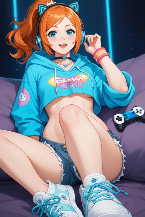 Here’s a description of a gamer girl-inspired outfit for Orihime Inoue, showing her navel and toes:

Orihime rocks a playful yet stylish gamer girl look that merges comfort with a bit of attitude. She wears a cropped, oversized hoodie featuring a cool, pix...