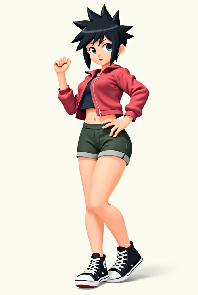 Black-haired anime girl with cropped, short shorts and all star sneakers