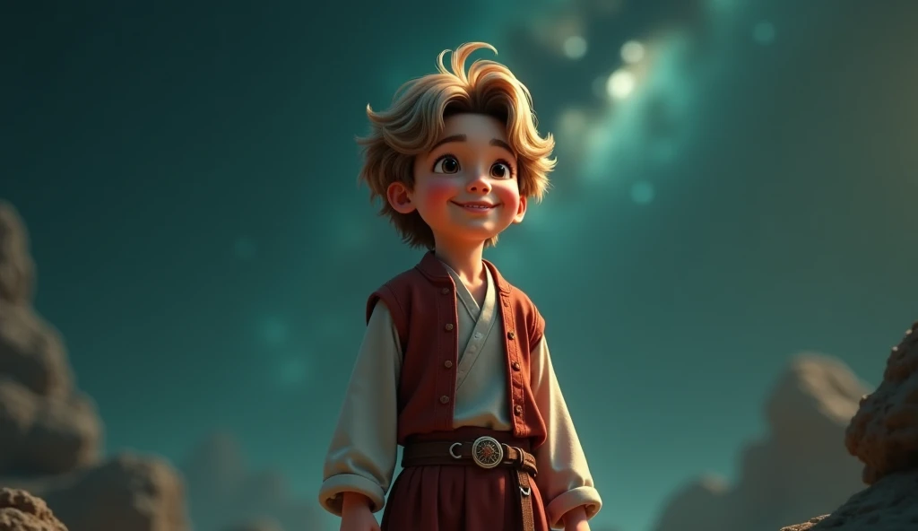 green background, a  boy with soft, wavy, light brown-blond hair stands and smiles warmly. the boy's expressive face is gently illuminated by ambient cosmic light, while his hair moves slightly as if responding to a zero-gravity environment. the boy lives ...