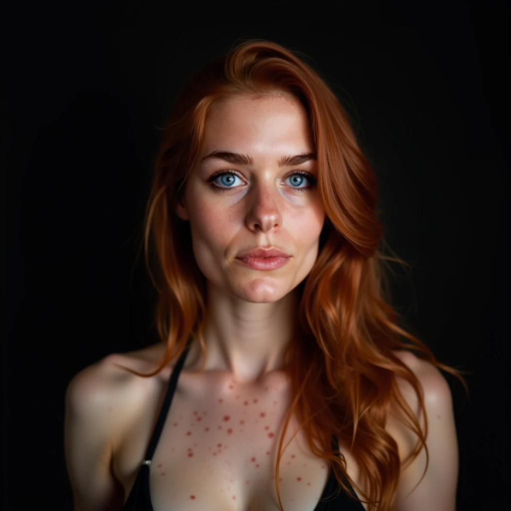 Une belle jeune femme rousse aux seins moyens et aux yeux bleus, capturée en gros plan dans un studio photo. Son visage est partiellement éclairé par un jeu d’ombres et de lumière, créé à travers une grille ou un gobo en forme de feuillage. Les ombres dess...