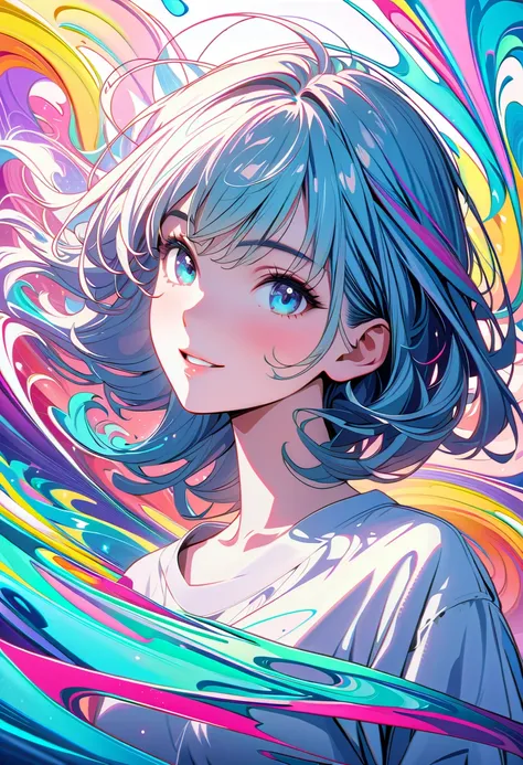 (masterpiece,  best quality,  Official Art:1.2), ( colorful),  perfect anatomy,  Staring at the Audience , one girl,  alone,   white background, floating  colorful water,  Ultra Precise Illustration ,  finely drawn in detail ,  dynamic angle ,  Beautiful D...