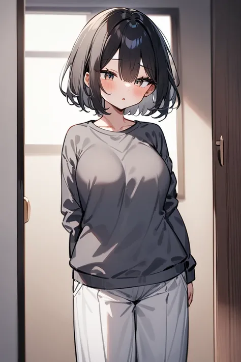 One person in the room、I'm wearing a short top with no bra and the hem is short enough to show my lower breasts, and a gray sexy sweatshirt with low-rise long pants bottoms with a shallow rise to the lower abdomen、 black hair, a Japanese hermaphrodite girl...