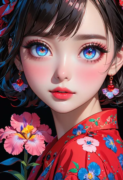 Girl with short dark black shiny hair and bright blue eyes in pitch black background with red hearts and pink sparkles, upper body, wearing a long bright red shirt, ,anime eyes, douyin eyes, detailed eyes, high detail eyes, multicolored iris, detailed iris...