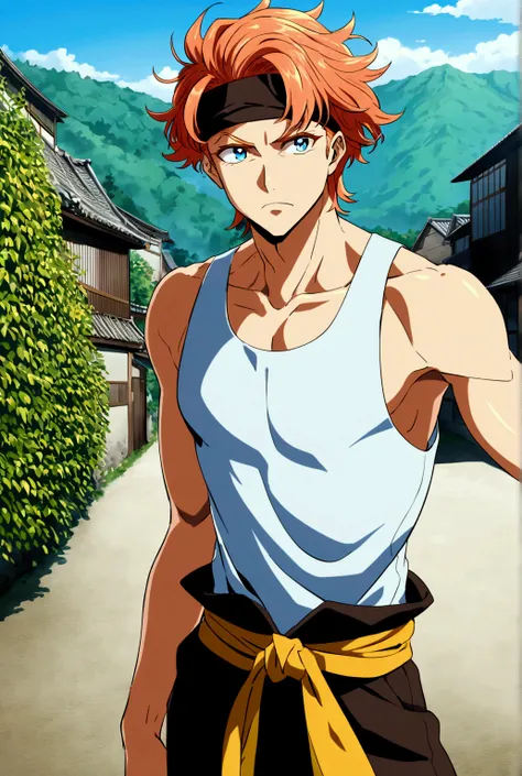 best quality, masterpiece, hires, solo, solo focus, highly detailed, 1male, male focus, young man wearing a white sleeveless tank top, black shinobi pants, yellow sash around his waist, standing straight, handsome young man, has a headband on his head, mes...