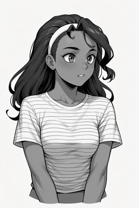 2D, score_9, score_8_up, score_7_up, BREAK, monochrome, 1girl, solo, Felicia_(Erma), Dark Skin, Black Hair, striped shirt