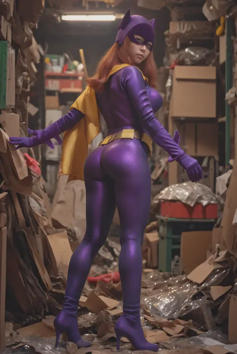 sexy Hungarian model, Masterpiece, Award Winning, High Quality, artgerm, solo, bubble butt, wearing retro Batgirl purple costume , , big breast, retro red hair, looking at viewer, makeup, no cape, b4tg1rl woman, posing sexy, back angle, showing her ass, fo...
