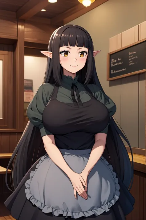 masterpiece, best quality, absurdres, Kuro, long hair, black dress, black neck ribbon, puffy short sleeves, waist apron, black pantyhose, indoors, coffee shop, standing, smile, blush, gigantic breast, smile,