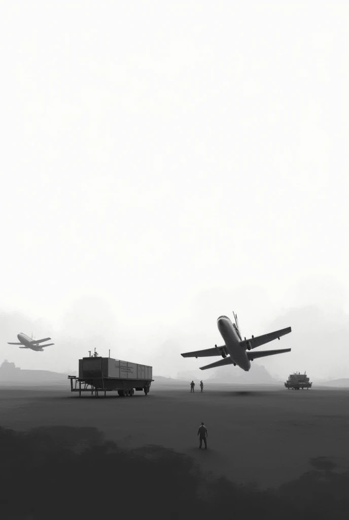 that has, a plane, a ship, a trailer and that they move around a world and that the whole image is in black and white