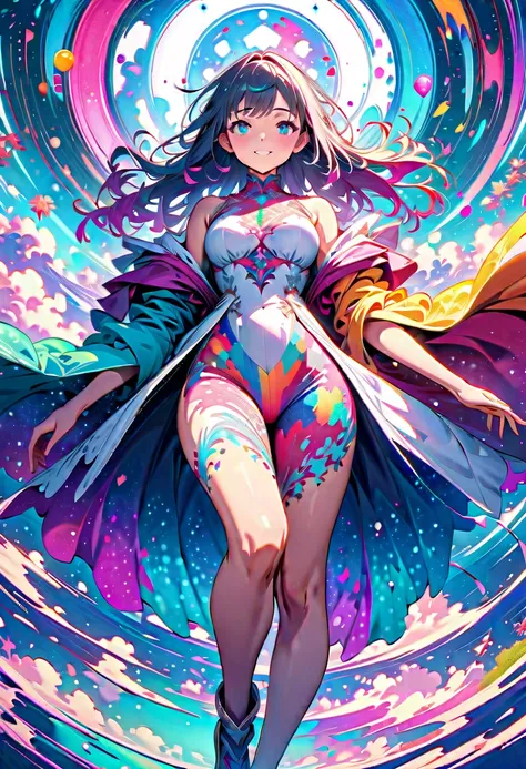 (masterpiece,  best quality,  Official Art:1.2), ( colorful),  perfect anatomy,  Staring at the Audience , one girl,  alone,   white background, floating  colorful water,  Ultra Precise Illustration ,  finely drawn in detail ,  dynamic angle ,  Beautiful D...