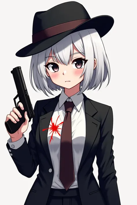 Create a female with short white hair. Her eye colors are black and white on two diffrent ones. Give her a hat. Put her in a suit and give her a gun. Make some blood splatters on her. In a simple anime style