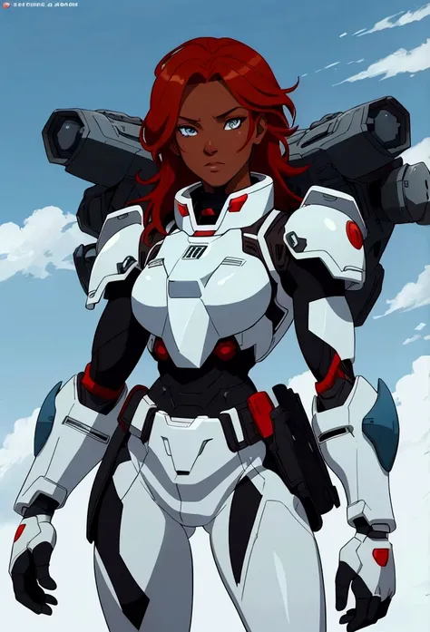  light red hair , medium hair,  dark skin , light blue eyes,  uniform white black and sky blue, realistic, , ,  utility belt , tactical armor  ,Voltron Legendary Defender  armor,  Voltron Legendary Defender  body suit,  dark-skinned,  anime,  tactical armo...