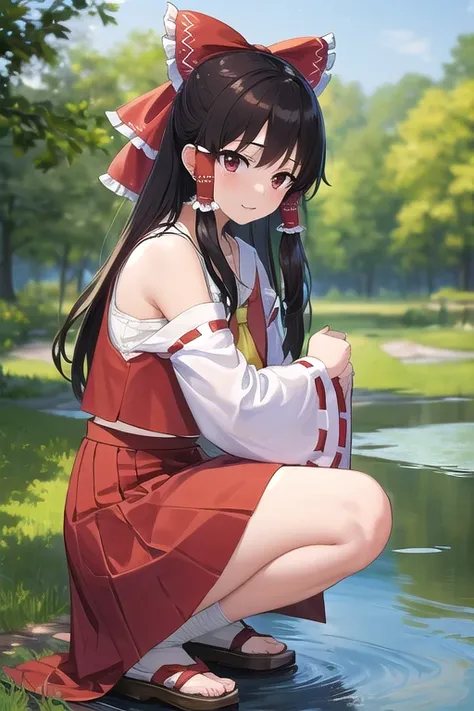 ((best quality)), ((masterpiece)), (detailed), 1girl 。Reimu。shrine。Happy。 moving composition。 skirt。Squatting by the pond。