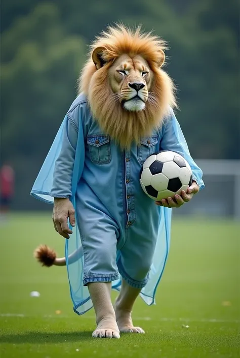 a full-length sleeping lion, light blue mesh wearing jeans
holding a soccer ball on the right side walking on a soccer field
