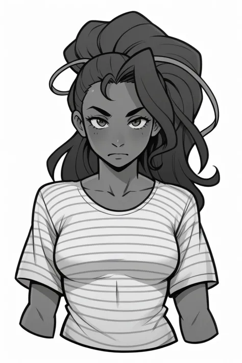 2D, score_9, score_8_up, score_7_up, BREAK, monochrome, 1girl, solo, Felicia_(Erma), Dark Skin, Black Hair, striped shirt