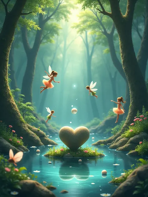 a fairy glen, fantasy forest pond, winged fairies swirling around, heart shaped bubbles rising from the pond, a stone heart statue is in the center of the pond surrounded by pixies and fairies, anime themed, zelda ambiance
