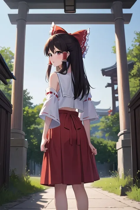 ((best quality)), ((masterpiece)), (detailed), 1girl 。Reimu。shrine。Happy。 moving composition。 skirt。